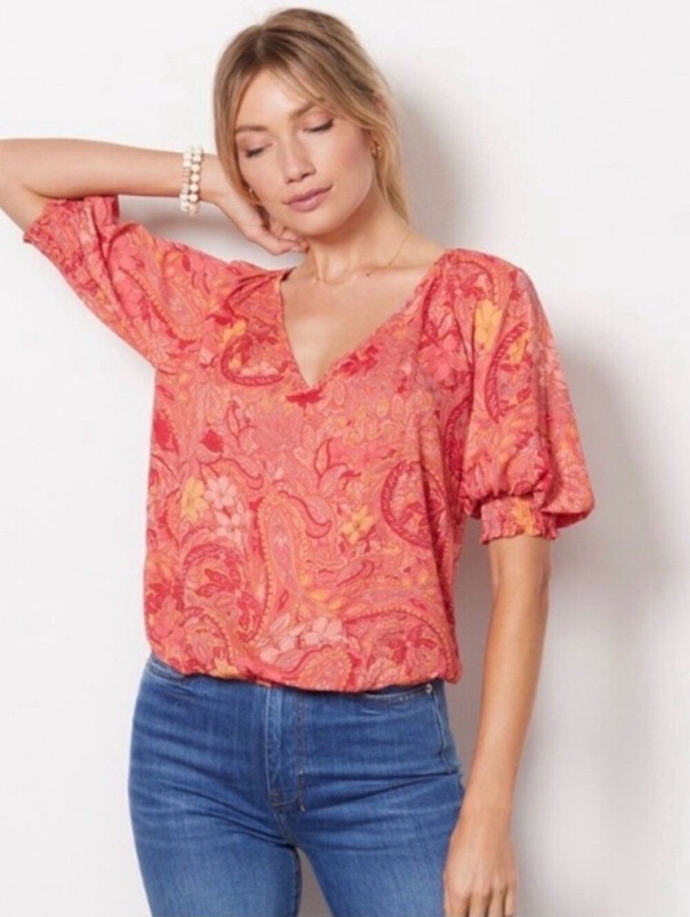 EVEREVE Camryn Top M Pink Paisley Floral Puff Sleeve Blouse Boho $78